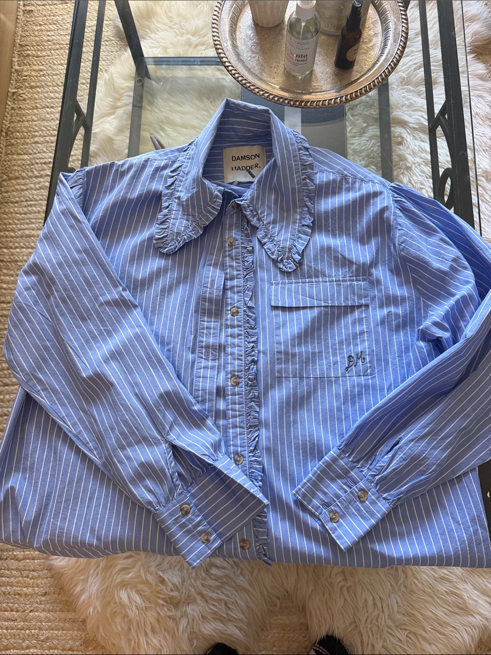 Damson Madder Blue Pinstripe Ruffle-Collar Button Down Shirt